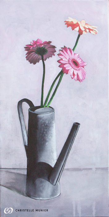 Peinture nature morte fleurs arrosoir Christelle Cuche