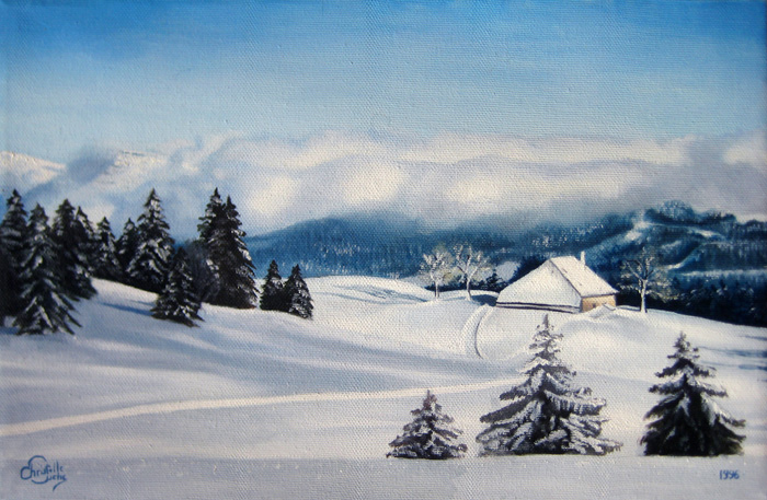 paysage de neige Franche-comté, tableau peinture Christelle Cuche